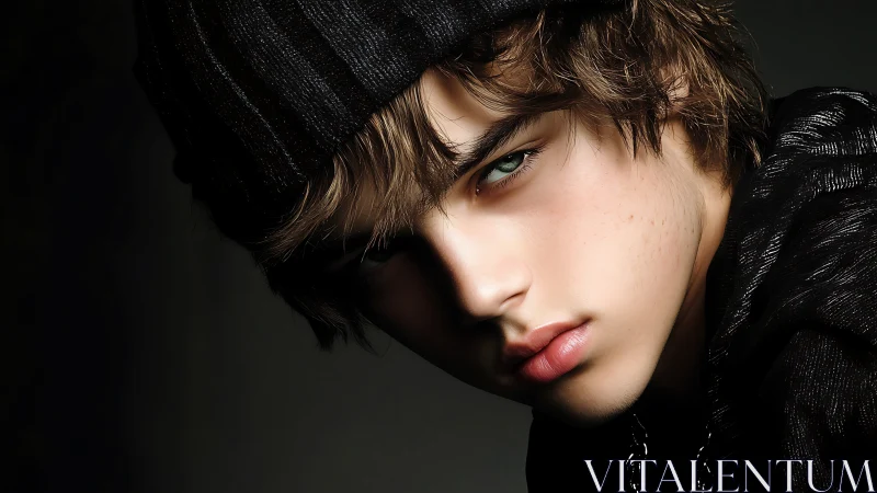 Close-up portrait of young person in dark knit beanie.