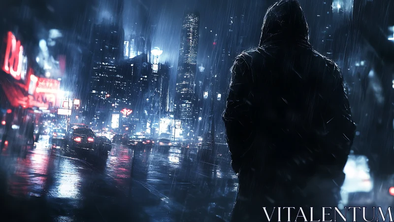 Hooded loner in neon-soaked rain over futuristic city street.