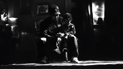 Tender indoor portrait of father and child in deep shadow.