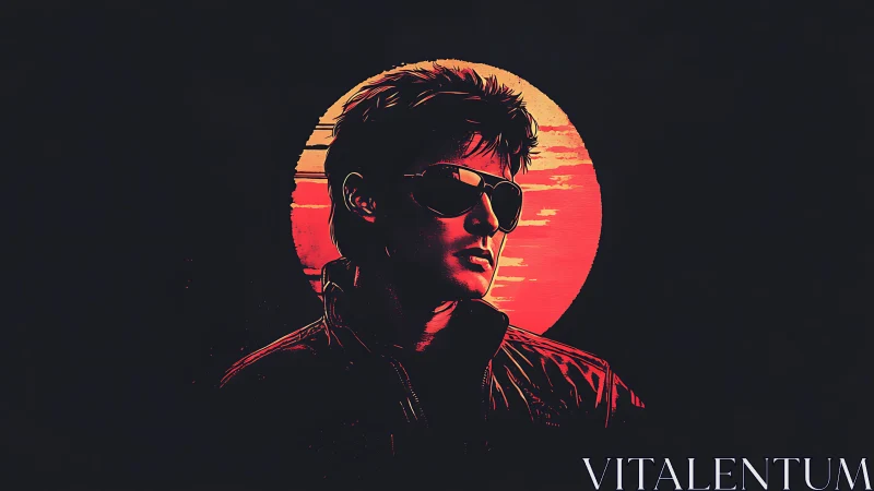 Stylized portrait of sunglasses wearer against red sun backdrop