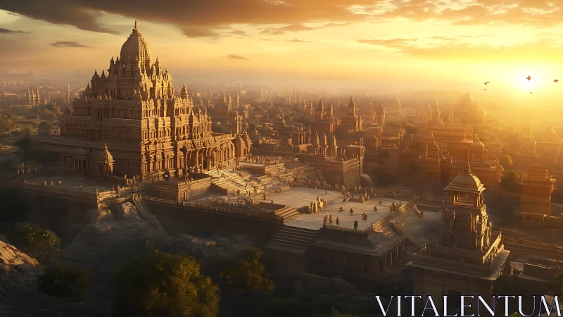 Sunlit stone metropolis renders monumental stepped temple in relief