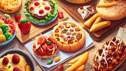 Playful snack table filled with colorful mini pizzas and treats.