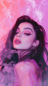 Dreamy neon portrait in glowing pink and violet haze.