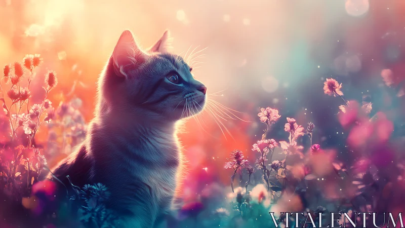 Cat Gazing Through Glowing Flower Fields at Sunset