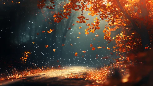 Autumn forest path shows falling leaves in soft backlight