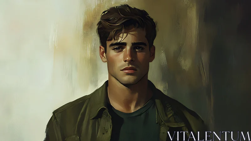 Brooding young man in painterly light and muted shadows.