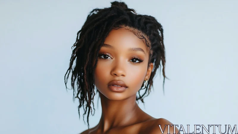 Portrait shows serene young woman with locs against blue