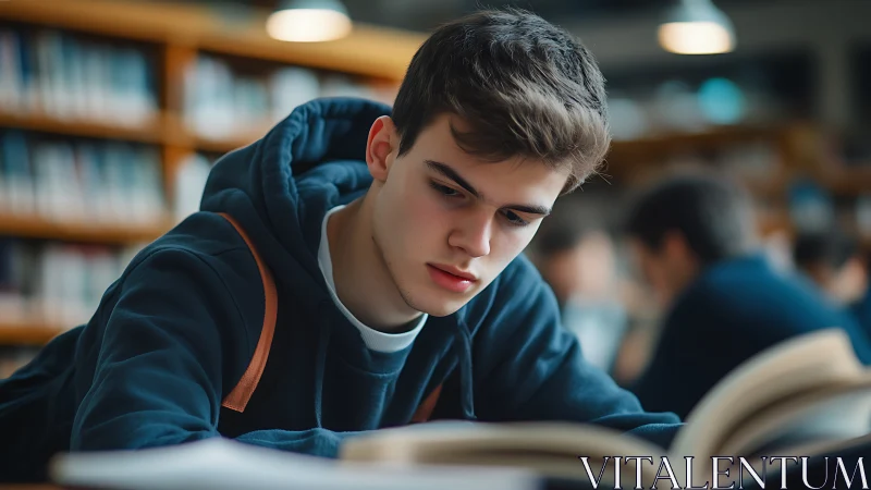 Photorealistic library study portrait with shallow depth of field.