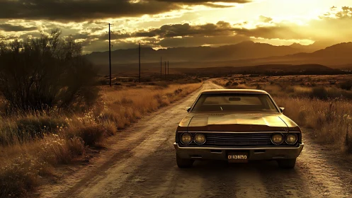 Sunlit classic sedan on rural dirt road under dramatic clouds