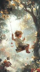 Child on wooden swing in dappled forest light with butterflies
