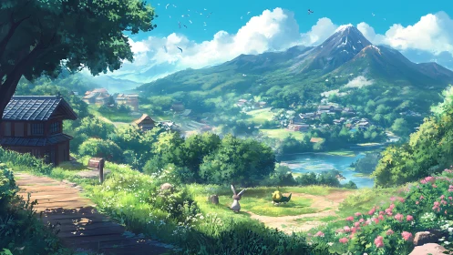 Rural valley landscape with distant mountain and river view.