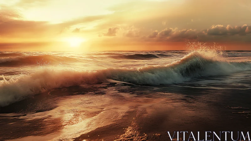 Golden hour surf with luminous waves and warm reflections.