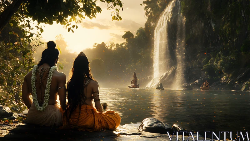 Mythic figures by riverbank facing boats and tall waterfall.