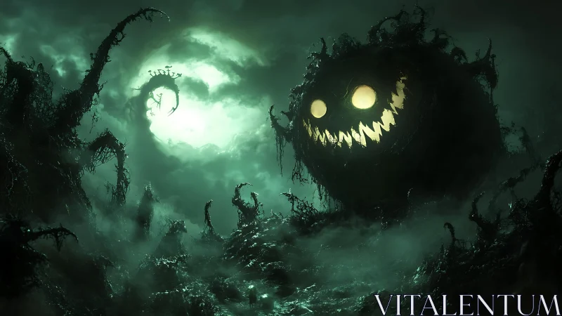 Glowing moonlit monster grinning through a twisted foggy swamp.