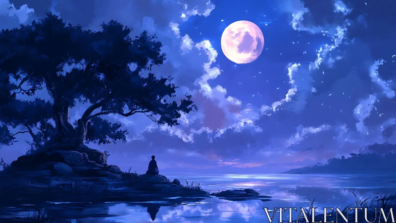 Moonlit lakeside dreaming beneath a quiet midnight sky.