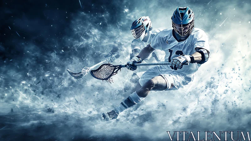 Lacrosse players in dynamic motion with abstract ice effects.