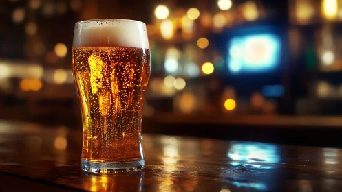 Pint glass of golden lager on wooden bar with bokeh lights