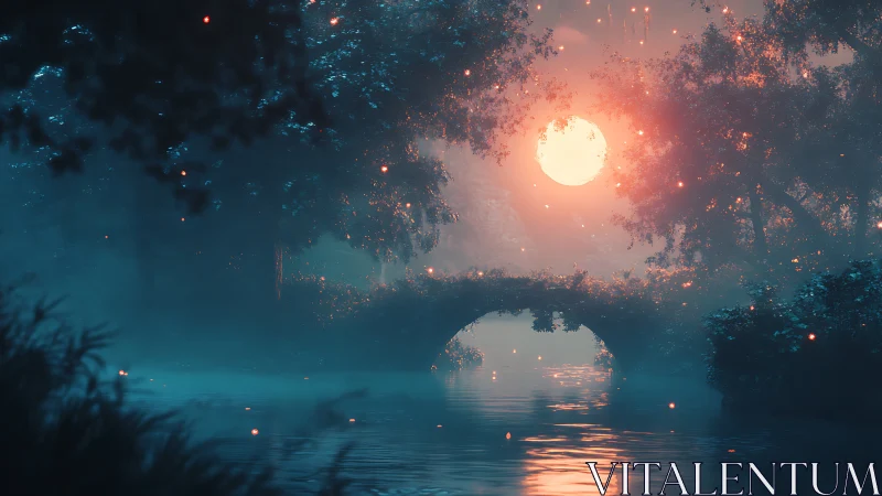Moonlit mist bridge over a spellbound twilight river.