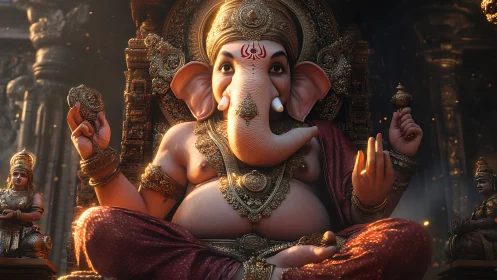 Lord Ganesha sits in radiant splendor within a sacred shrine