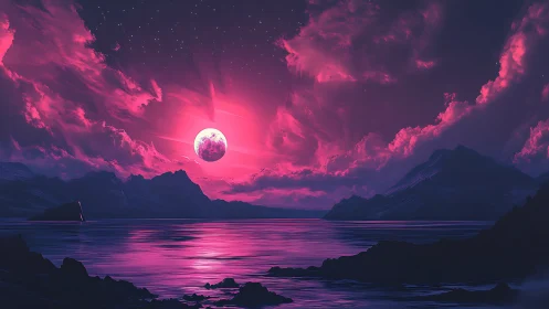 Chromatic lunar rise over magenta-illuminated alien sea.