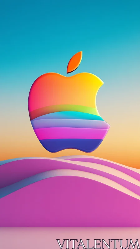 Glowing rainbow apple floating over soft pastel hills.