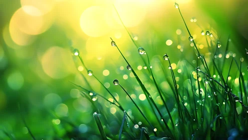 Morning dew turns tiny grass blades into glowing glass wands