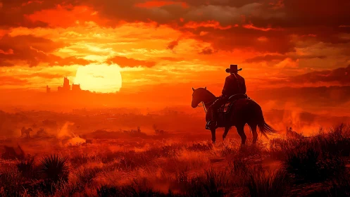 Lone rider drifts through ember-bright Western sunset haze.