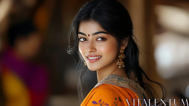 Portrait of woman in orange traditional attire indoors.