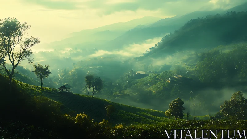 Soft dawn drifting over misty green mountain terraces.