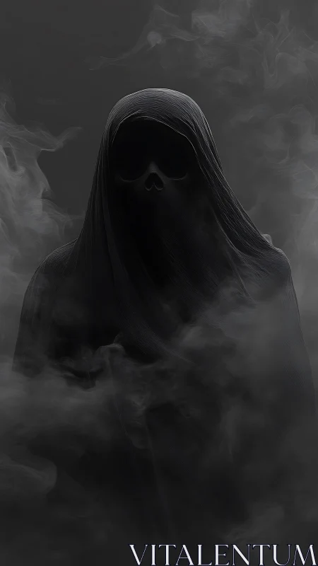 Shrouded shadow listens quietly to whispers of rising fog