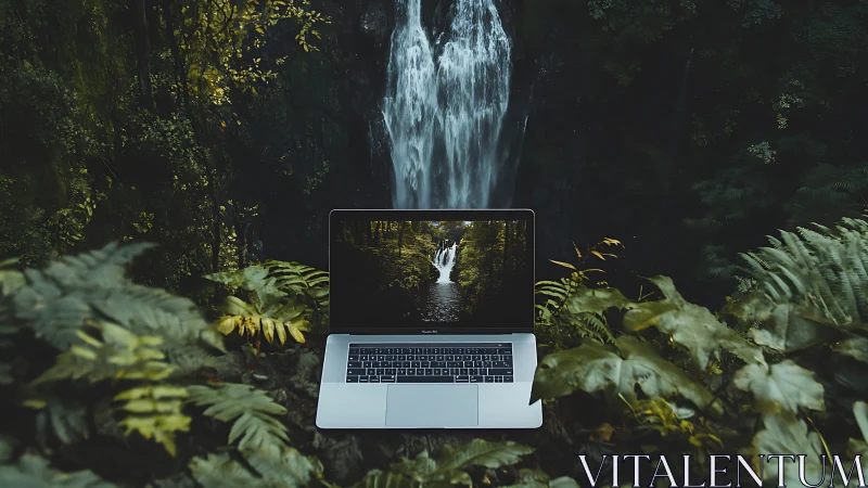 Laptop in lush forest mirroring cascading waterfall scene.