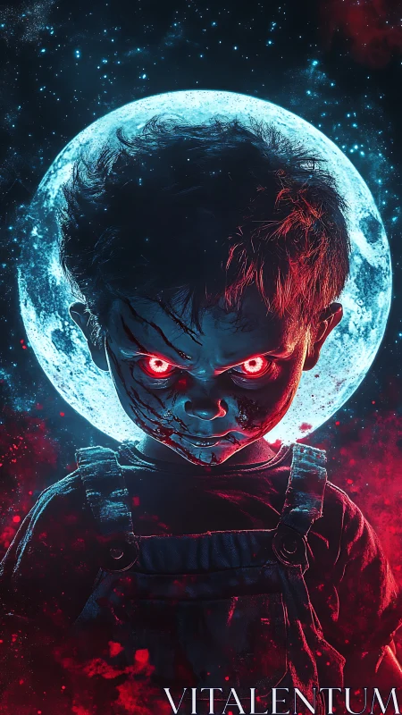 Demonic child portrait under full moon with red bioluminescent eyes.