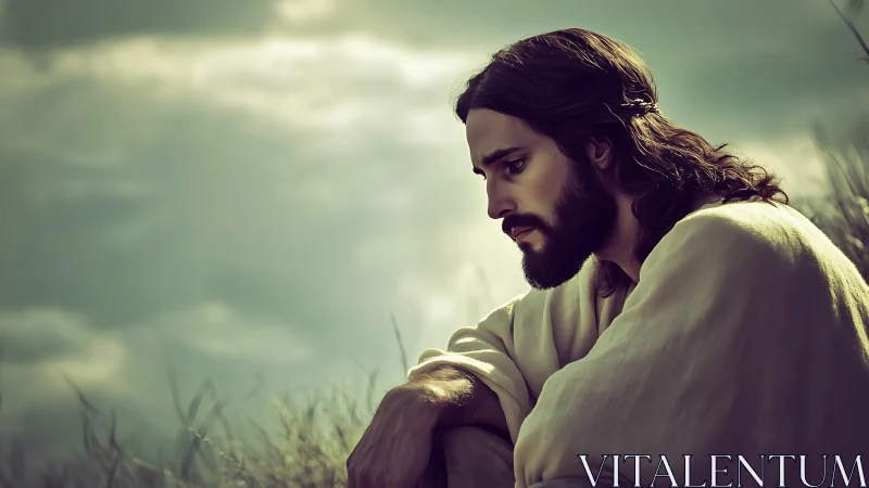 Contemplative robed man seated in soft outdoor light.