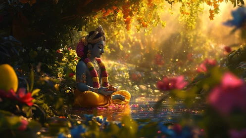 Divine blue-skinned figure meditating by a luminous forest stream