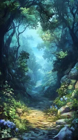 Forest canyon with creek and canopy opening.