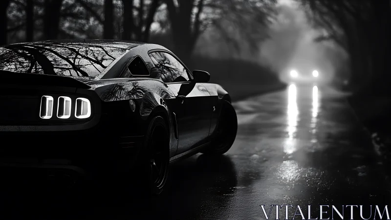 Moody muscle car waiting on a misty, rain soaked road at night.