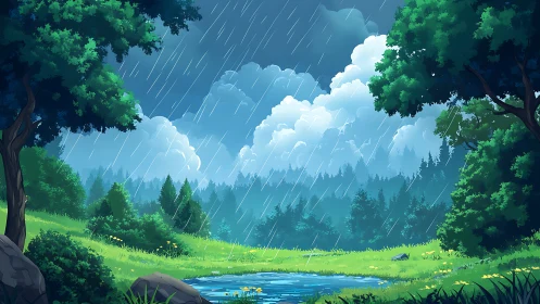 Mountain Valley Landscape with Rainfall and Stream.