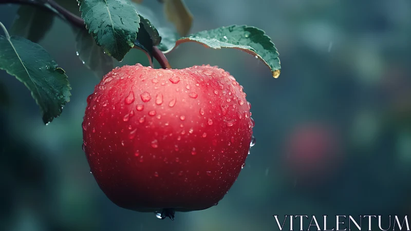 Rain kissed crimson apple glowing in a misty orchard.