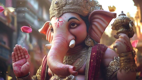 Ganesh idol glows in festive street light and flying petals