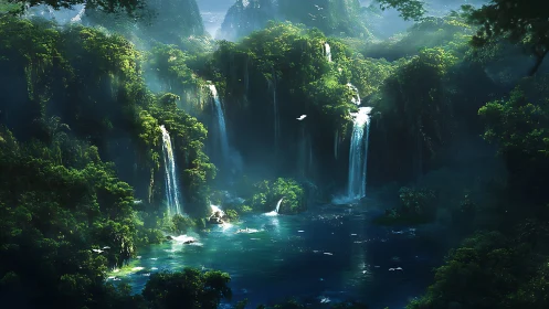 Emerald falls cradle a hidden lagoon under whispered light.