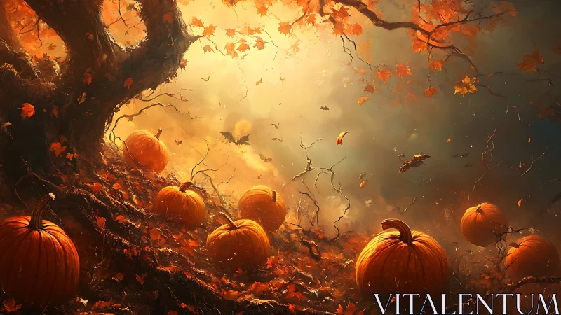 Pumpkin hillside under swirling autumn leaves at dusk.