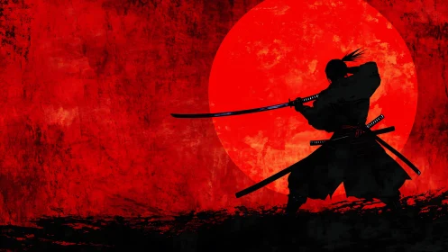 Samurai silhouette with katana before large red sun.