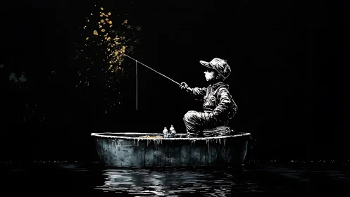Monochrome child angler in spotlighted urban nightscape composition.