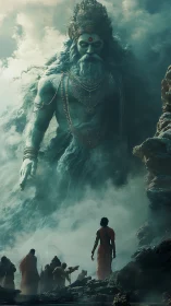 Colossal mythic deity emerging from mist before pilgrims