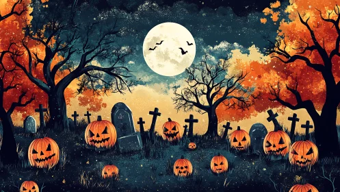 Lunar-lit pumpkin graveyard with stylized spectral foliage panorama.