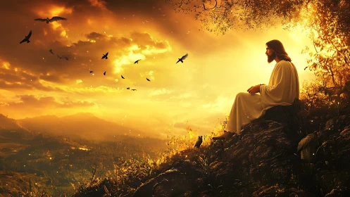 Solitary robed figure contemplates radiant golden valley sunset