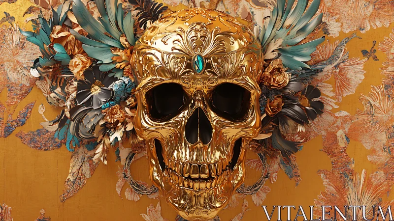 Ornate golden skull with floral elements on warm backdrop.