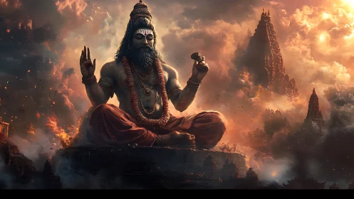 Meditating mountain deity amid burning celestial clouds.