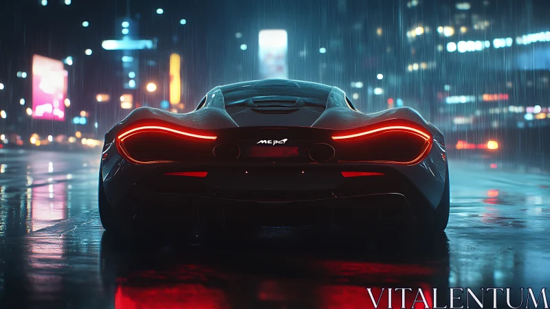 Supercar rear silhouette under neon rainlit city streets.