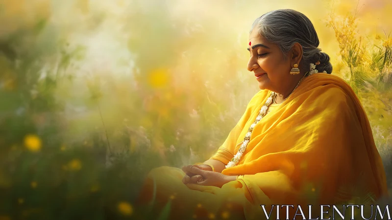Elderly woman meditating in golden sunlight, soft artistic style.